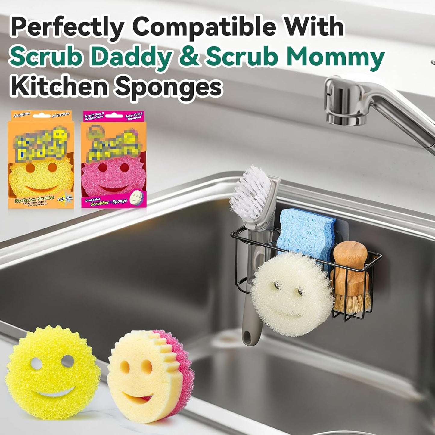 3-In-1 Sponge Holder for Kitchen Sink with Suction Cups & Adhesive Hook , In-sink Sponge Holder, Wall Hanging Sink Caddy Organizer Rack - Sponge, Dish Cloth, Brush, Scrubber - 304 Stainless Steel