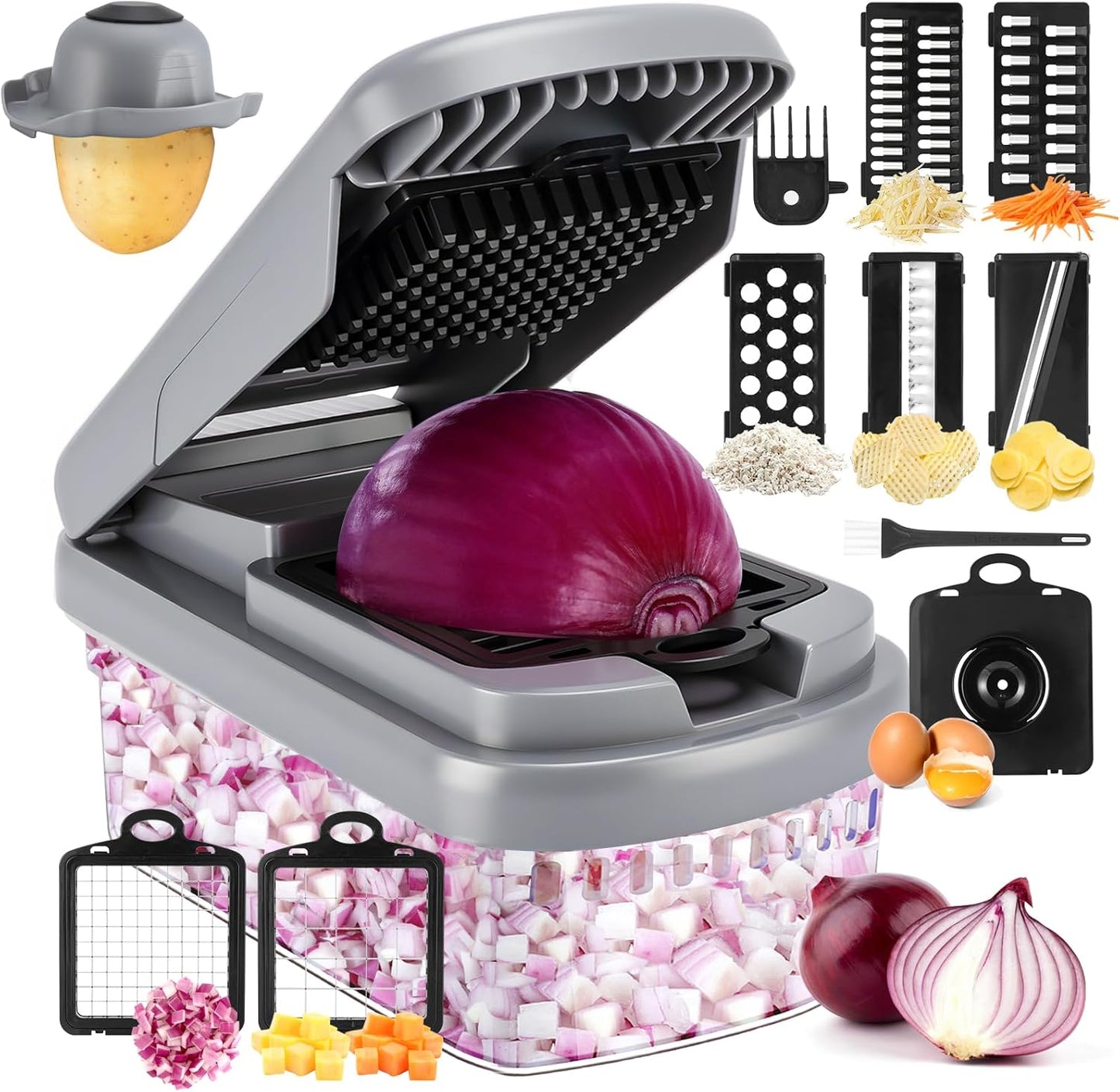 Yusshn Vegetable Chopper,12-in-1 Multifunctional Food Chopper,Professional Onion Chopper with 7 Blades,Vegetable Cutter with Container for Salad,Potato,Carrot,and Garlic; Essential Kitchen Tool(Grey)
