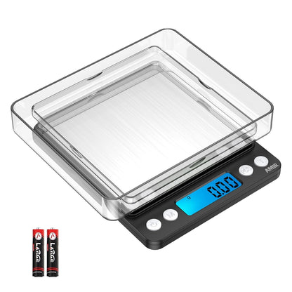 (Upgraded) AMIR Digital Kitchen Scale, 500g Mini Pocket Jewelry Scale, Food Scale, Coffee Scale, Back-Lit LCD Display, 2 Trays, 6 Units, Auto Off, Tare, PCS, Stainless Steel (Batteries Included)