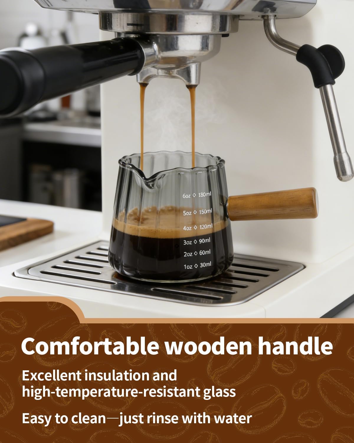 2 Pack Espresso Measuring Cup, 6oz Borosilicate Glass Espresso Cups with Wood Handle, V-Shaped Spout Milk Frothing Cup for Coffee, Tea, Syrup – Dishwasher Safe
