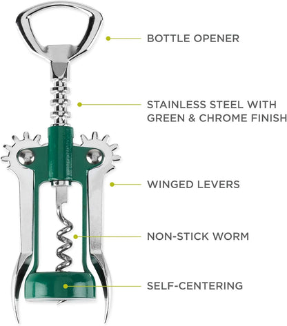 True Soar Winged Corkscrew Wine Opener, Multi-Purpose Bottle Opener for Beer and Soda, Stainless Steel with Chrome Finish, Easy to Remove Cork for Bartenders, Home Bar, Kitchen, Set of 1, Blue