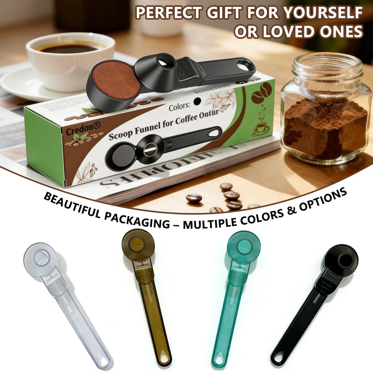 Credon Coffee Scoop with Funnel for Ground Coffee & Protein Powder – Coffee Bean Measuring Spoon, 2 Tablespoon Slide Scoop for Reusable K-Cup, Precision Spill-Proof (Black)