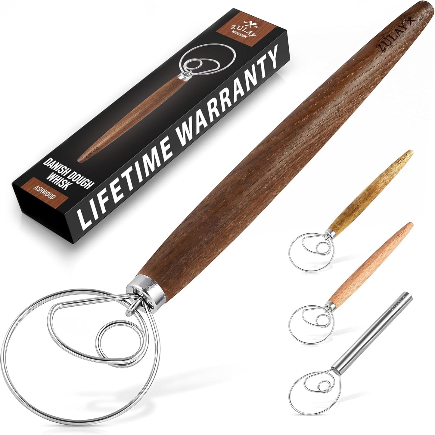 Zulay Kitchen 13-Inch Danish Dough Whisk - Stainless Steel Wooden Whisk with Dough Hook - Sourdough Whisk for Bread, Pizza, Pastry, Cake Batter & More - Wood
