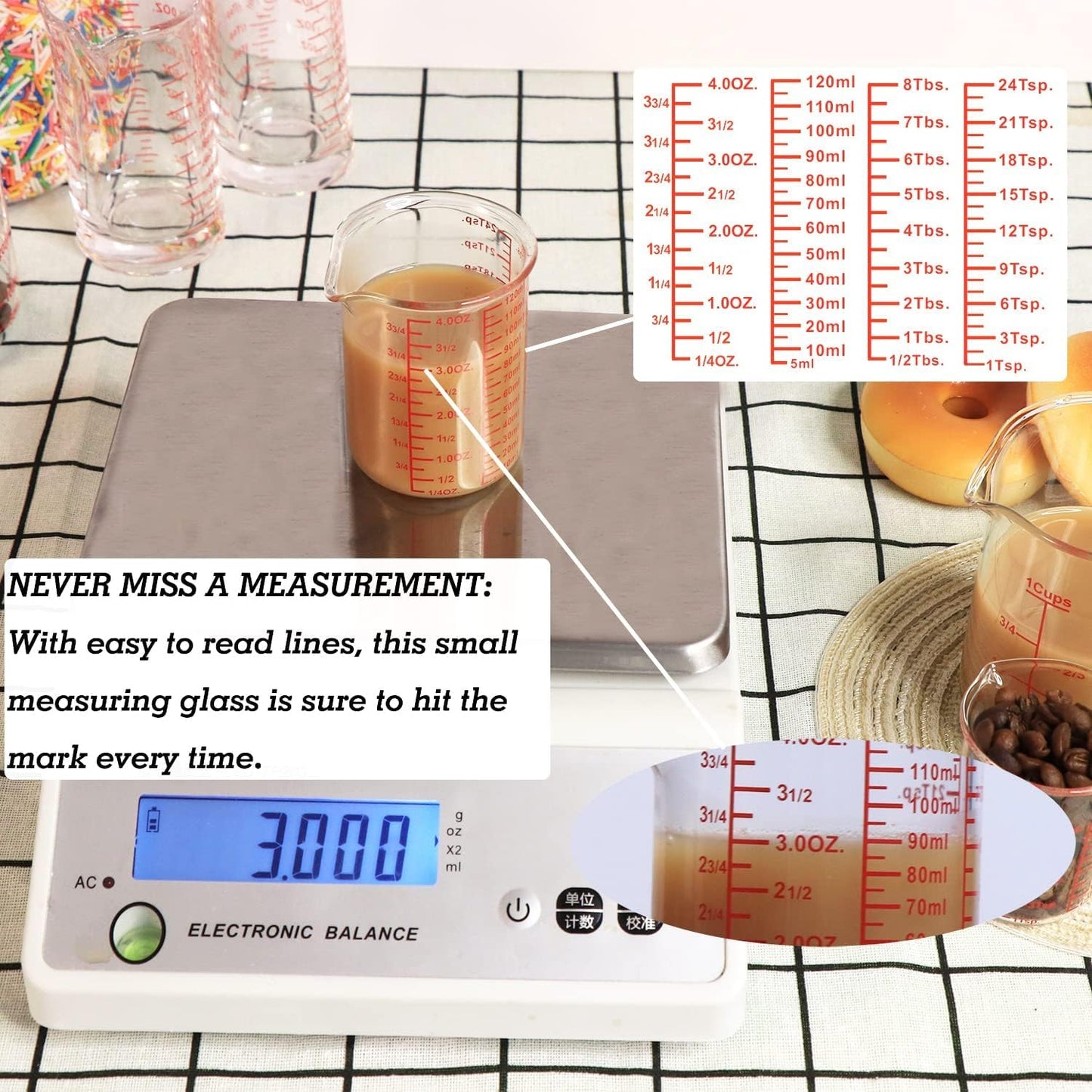 High Borosilicate Glass Measuring Cup-V-Shaped Spout，Glass Measuring Beaker for Kitchen or Restaurant, Easy to Read, 60 ML (2 Oz)-Pack of 2