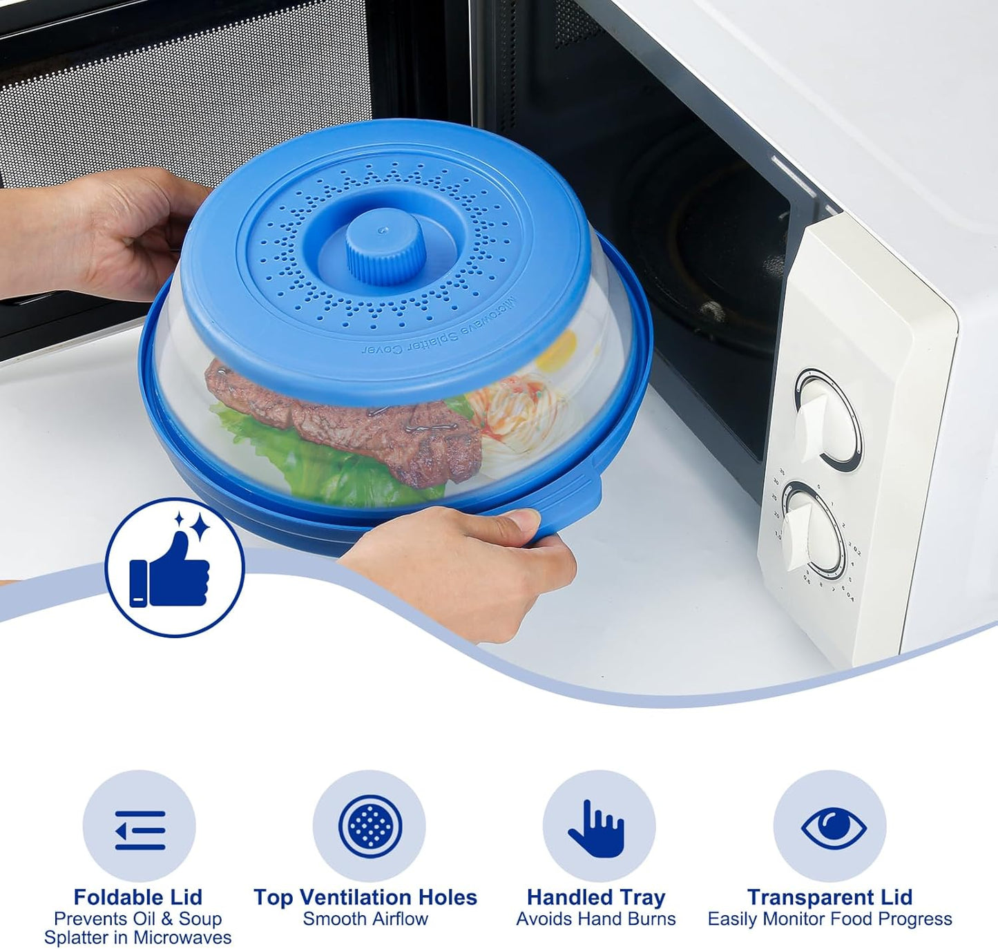 10.7 Inch Microwave Food Cover with Heat Insulation Mat, Anti-Scald Collapsible Microwave Splatter Cover, Multi-Functional as Colander & Fruit Plate, Dishwasher Safe, Ideal for Meal Prep (Gray)