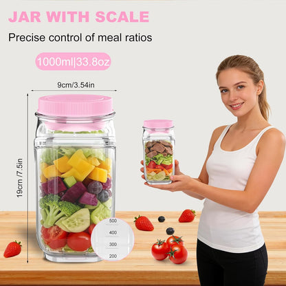 FNHMSL Side-Opening Mason Salad Jar, Portable (35 oZ) 1000ml Salad Container with Leakproof Dressing Cup, Includes Spoon and Cleaning Brush, Perfect for Meal Prep, Gym, Office, Picnic and Travel