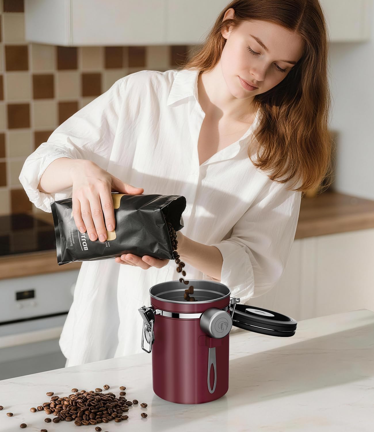Coffee Gator Stainless Steel Canister - Medium 16oz, Gray Coffee Grounds and Beans Container with Date-Tracker, CO2-Release Valve, and Measuring Scoop - Ideal Coffee Lovers Gifts