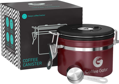 Coffee Gator Stainless Steel Canister - Medium 16oz, Gray Coffee Grounds and Beans Container with Date-Tracker, CO2-Release Valve, and Measuring Scoop - Ideal Coffee Lovers Gifts