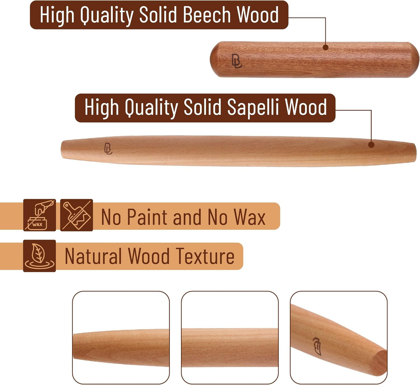 BAMBOO LAND- French Rolling Pin Set, 2 pcs, 16", 8", Natural Wood Rolling Pins for Baking