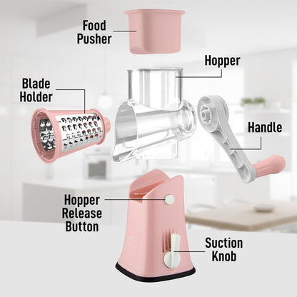 Zulay Kitchen Rotary Cheese Grater 5 Blade Cheese Shredder - Manual Hand Crank Cheese Grater With Reinforced Suction & 5 Interchangeable Drums - Easy to Use, Vegetable Chopper Round Mandoline Slicer - Colors A