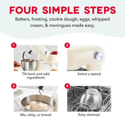Dash 3.5QT Tilt-Head Stand Mixer - Electric Stand Mixer with Stainless Steel Bowl and Splash Guard For Baking - Cream, 3.5-Quart
