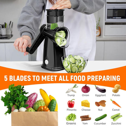 SpaceHacks Rotary Cheese Grater Hand Crank, with 5 Blades for Chopper Shredder Spiralizer Slicer for Vegetable Cheese Fruit, Food Chopper for Kitchen with Blades Storage Box & Suction Base (Black)