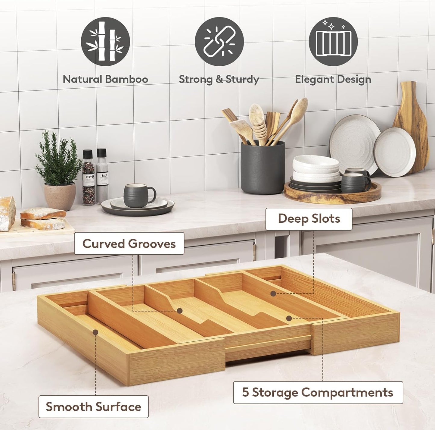 Lifewit Utensil Organizer for Kitchen Drawer, Expandable Cooking Utensil Tray, Cutlery Silverware Flatware Holder, Wood Adjustable Spatula Tools Storage Divider, 8.9-15.8 x 15.75, Natural