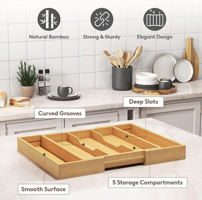 Lifewit Utensil Organizer for Kitchen Drawer, Expandable Cooking Utensil Tray, Cutlery Silverware Flatware Holder, Wood Adjustable Spatula Tools Storage Divider, 8.9-15.8 x 15.75, Natural