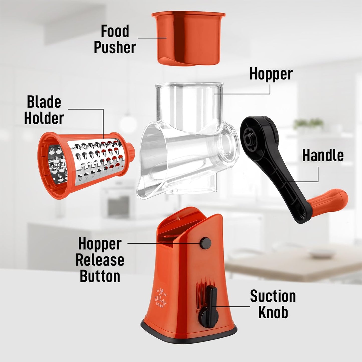 Zulay Kitchen Rotary Cheese Grater 5 Blade Cheese Shredder - Manual Hand Crank Cheese Grater With Reinforced Suction & 5 Interchangeable Drums - Easy to Use, Vegetable Chopper Round Mandoline Slicer - Colors A