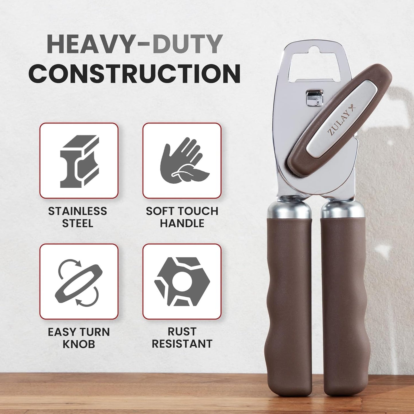 Zulay Kitchen Heavy Duty Stainless Steel Can Opener Manual with Bottle Opener - Rust Proof Manual Can Opener With Turn Knob & Comfy Soft Grip Handles - Cherry Red - Colors B
