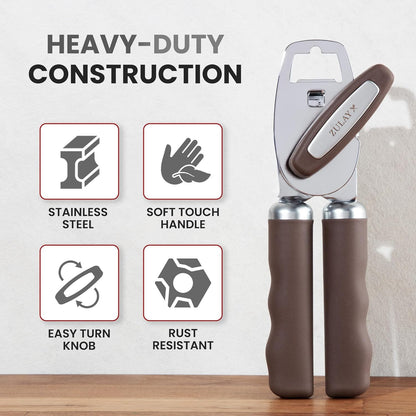 Zulay Kitchen Heavy Duty Stainless Steel Can Opener Manual with Bottle Opener - Rust Proof Manual Can Opener With Turn Knob & Comfy Soft Grip Handles - Cherry Red - Colors B