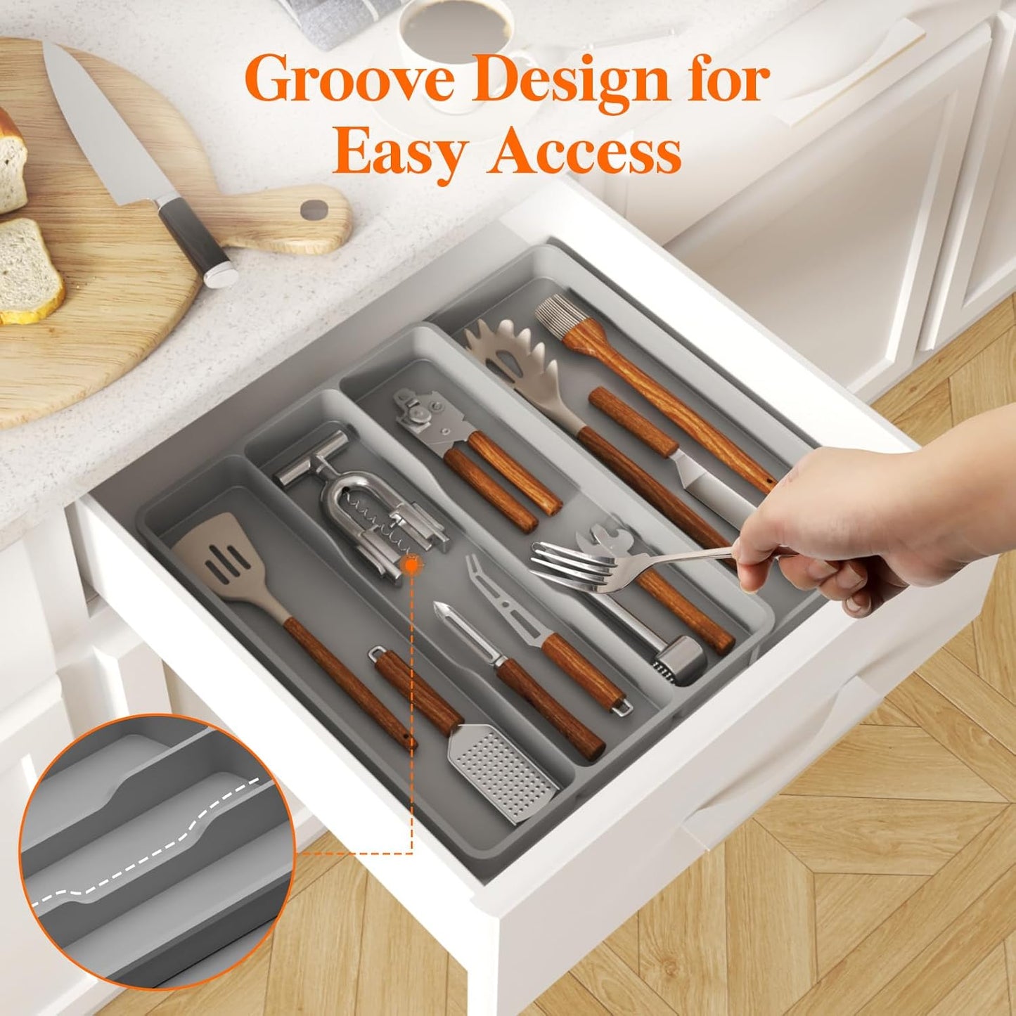 Lifewit Utensil Organizer for Kitchen Drawer, Expandable Cooking Silverware Tray, Adjustable Cutlery Flatware Holder, Plastic Spatula Tools Storage Divider, 14.4 x 15.8", Black