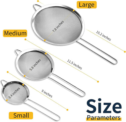 Supercenter Fine Mesh Strainer, Stainless Steel Fine Mesh Sieve, Set of 3 Small Strainers Fine Mesh for Kitchen, Silver Colander Sieve Sifter with Long Handle, 3.4", 5.8", 7.8"