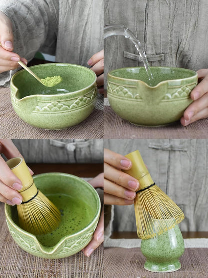 Artcome 4 Pcs Complete Matcha Ceremony Kit - Japanese Bowl With Pouring Spout, Whisk, Holder, Scoop - Tea Set for Making Usucha, Koicha and Latte (Green)