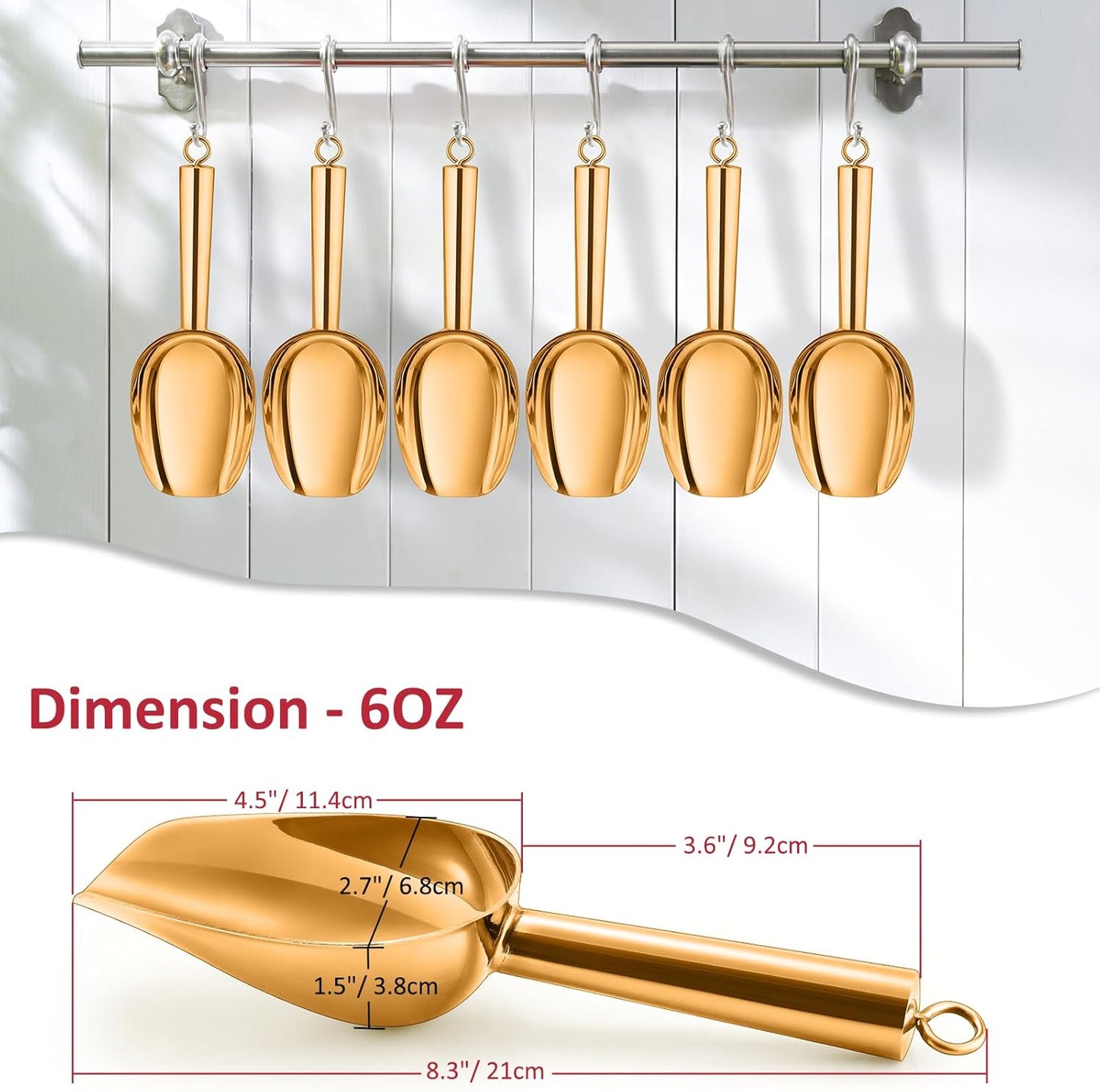 6 Oz Ice Scoop Set of 2, Leonyo Small Ice Cube Scoop for Freezer Bin, Stainless Steel Food Scoopers Spoon for Dry Goods, Flour, Pet, Kitchen Containers – Silver