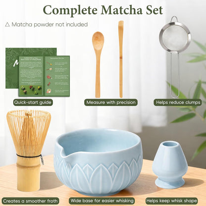 Matcha Whisk Set, Ceramic Matcha Set Includes Bowl & Holder, Bamboo Whisk (Chasen), Scoop, Spoon and Sifter, 6PCS Matcha Kit Covers Everything Needed for Making Matcha (Green)