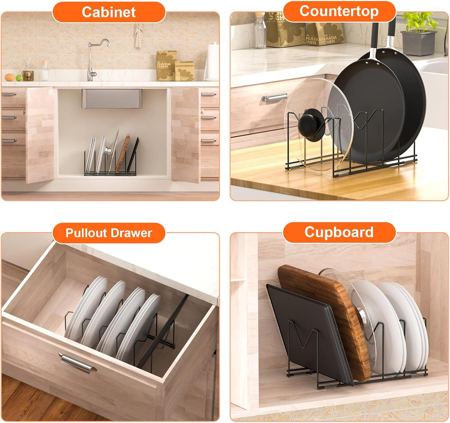 HzTinT 3 Pack Pot Lid Organizer for Cabinet, Stainless Steel Pot Lid Rack with Anti-slip Pad, Lid Holder for Pans Pots, Bakeware, Plates, Cookie Sheets, Trays, Dish, Cutting Boards, Silver
