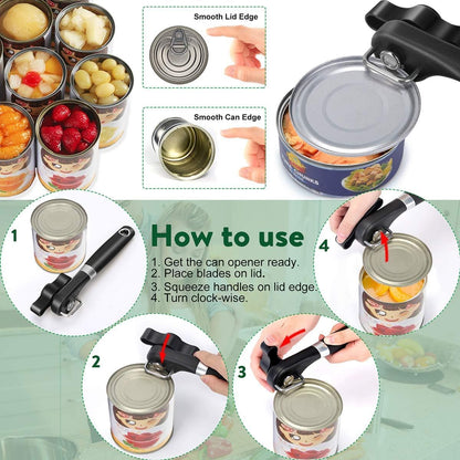 Side Cut Can Opener Smooth Edge, Safety Can Opener with Durable Sharp Blade, Big & Soft Turn Knob & Comfortable Non-Slip Handle, Black