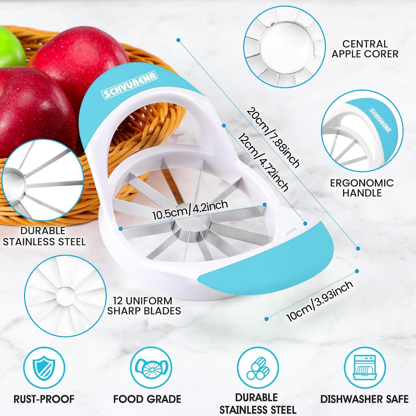 SCHVUBENR 12-Blade Apple Slicer and Corer - 4.72 Inch Sharp Stainless Steel Apple Cutter - Professional Apple Divider Tool for Quick Slices - Easy to Use & Clean - Slice Fruits with Ease - Black