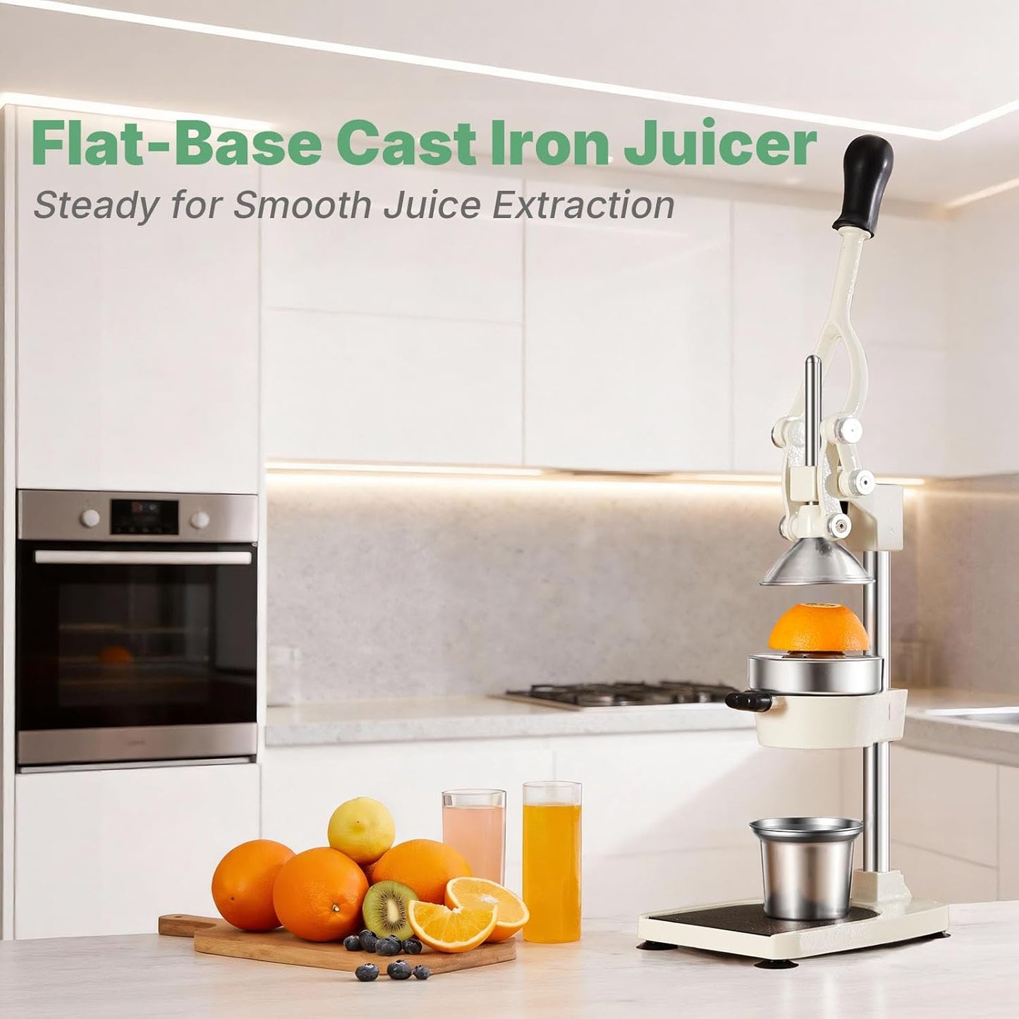 Cast Iron Juicer, 17"Tall & Sturdy Flat Base | Heavy-Duty Manual Hand Press Juicer For Orange Lemon Lime Pomegranate & Citrus, Orange Squeezer, Stainless Steel Cup, Easy to Clean, Black