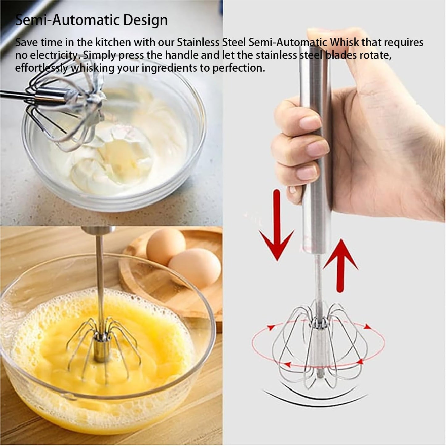 Stainless Steel Semi-Automatic Egg Whisk Set, 2PCS Hand Push Rotary Manual Mixer for Cooking, Whisking, Beating and Stirring (10&12 Inch)