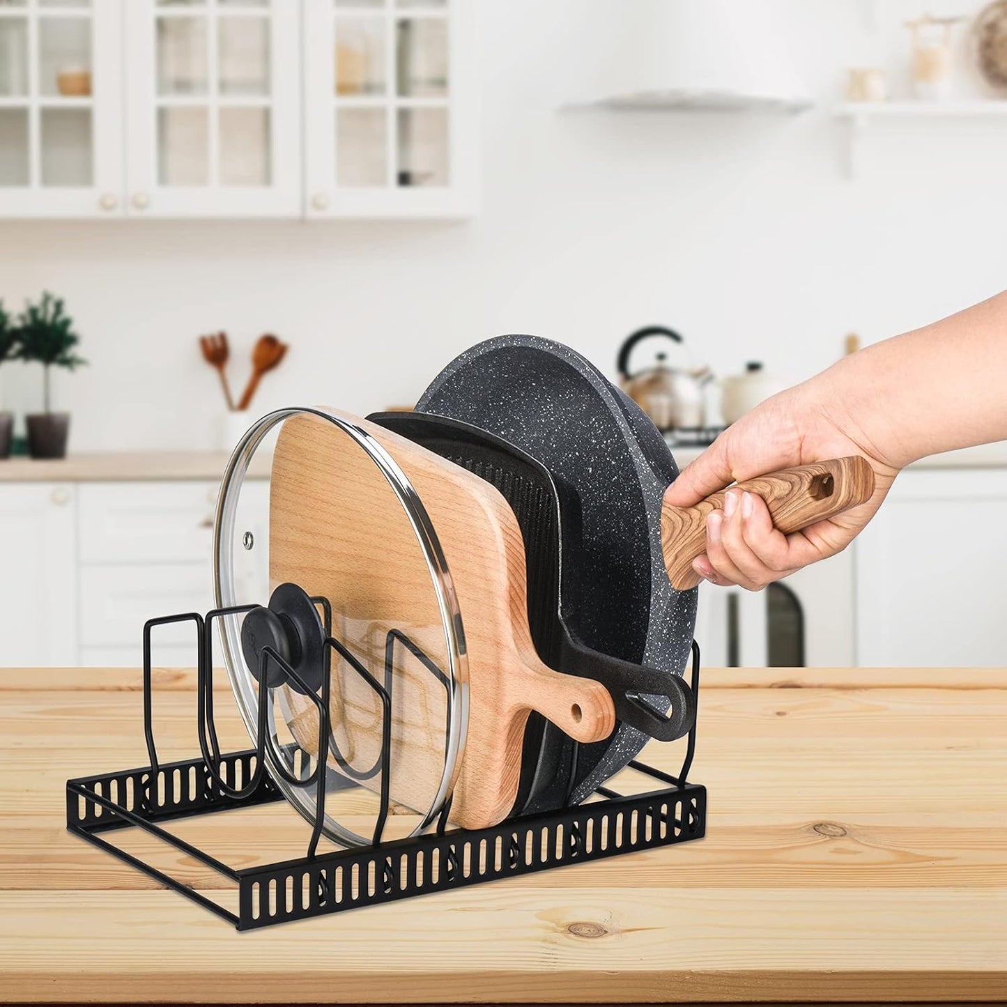 Toplife Pot Lids Organizer Rack for Cabinet and Countertop, 7+ Pan Lids and Bakeware Organizer Rack Holder with 7 Adjustable Compartments - Brown