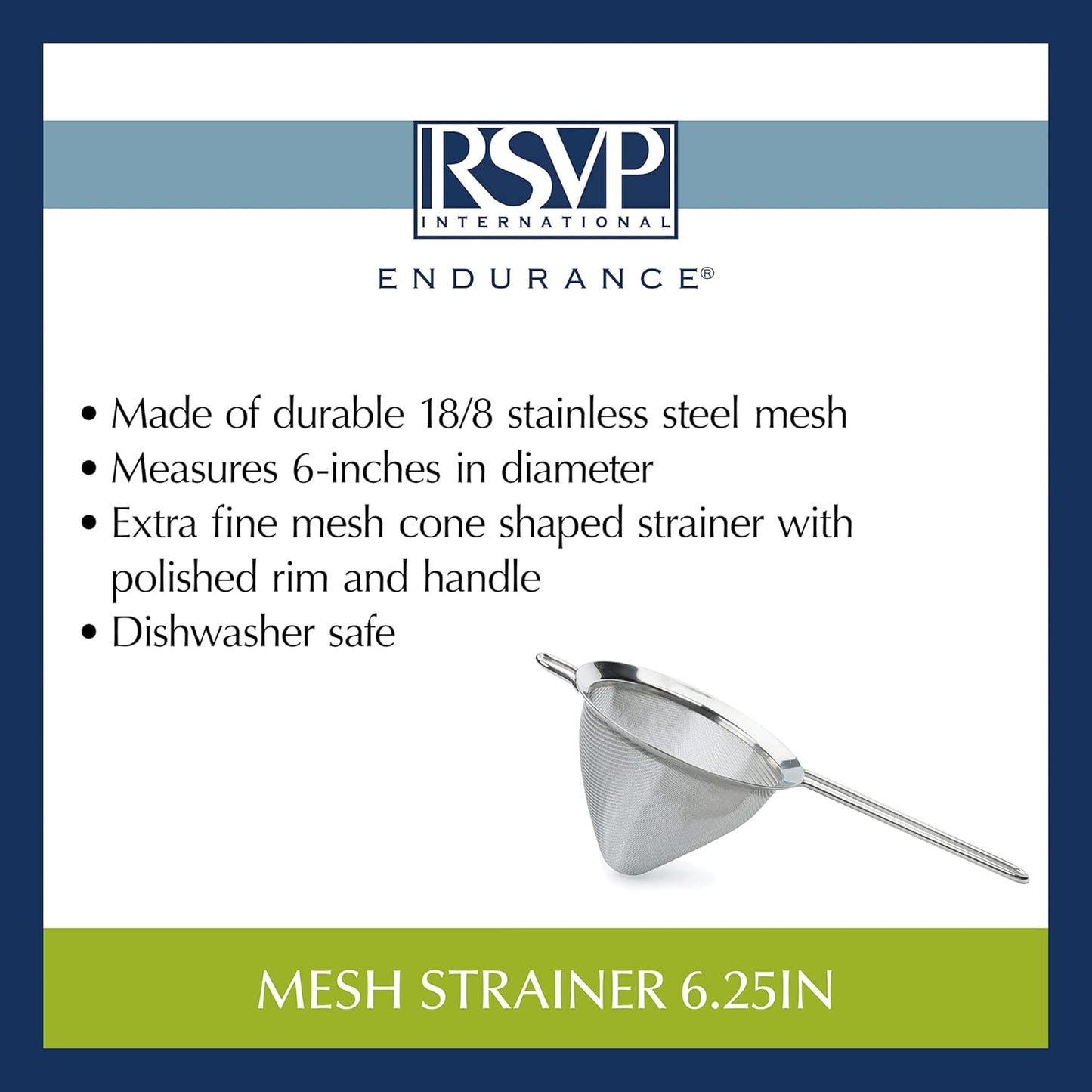 RSVP International Endurance Kitchen Collection, Stainless Steel Fine Mesh Conical Sieve/Colander, Multi-Purpose for Cooking, Baking, Loose Leaf Tea, Bar Strainer Cocktails, 7-Inch