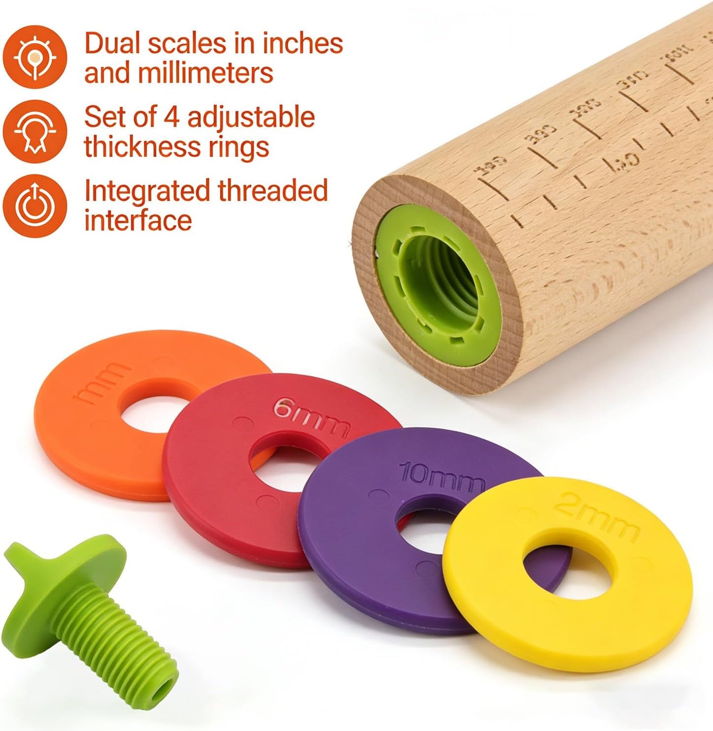 Rolling Pin With Thickness Rings, Adjustable Wooden Rolling Pin Set, 17 inch Rolling Pins for Baking, Biscuit, and Dough Kneading, Pizza Dough, Paster Roller