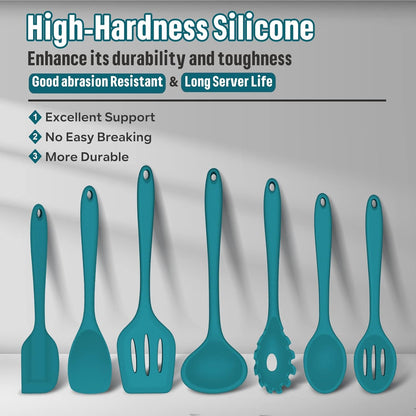 E-far Silicone Cooking Utensils Set, 7-Piece Black Heat Resistant Kitchen Utensils Set, Kitchen Nonstick Tools Spatula Ladle Spoon Pasta Server for Non-stick Cookware, Non-Toxic & Dishwasher safe