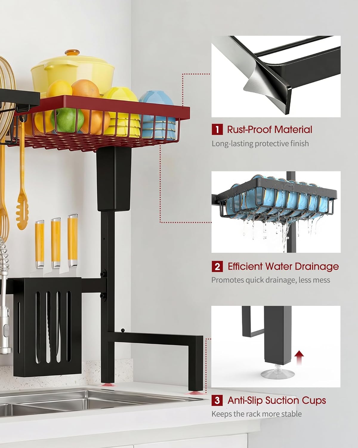 Sakugi Over The Sink Dish Drying Rack, Expandable 2-Tier Stainless Steel Kitchen Storage Organization Accessories for Countertop, Rustproof & Space-Saving, 30"–34.5" L x 12" W x 25" H, Black