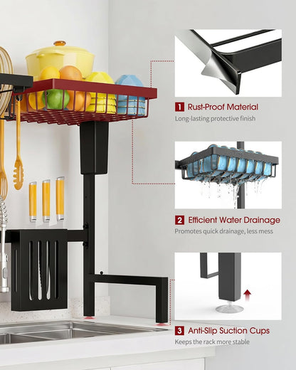 Sakugi Over The Sink Dish Drying Rack, Expandable 2-Tier Stainless Steel Kitchen Storage Organization Accessories for Countertop, Rustproof & Space-Saving, 30"–34.5" L x 12" W x 25" H, Black