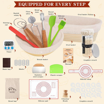 Complete Sourdough Starter Kit, 10" Oval and 9" Round Banneton Bread Proofing Basket with Glass Sourdough Starter Jar, Sourdough Bread Baking Supplies Kit Gifts for Bakers Women Wife Mom