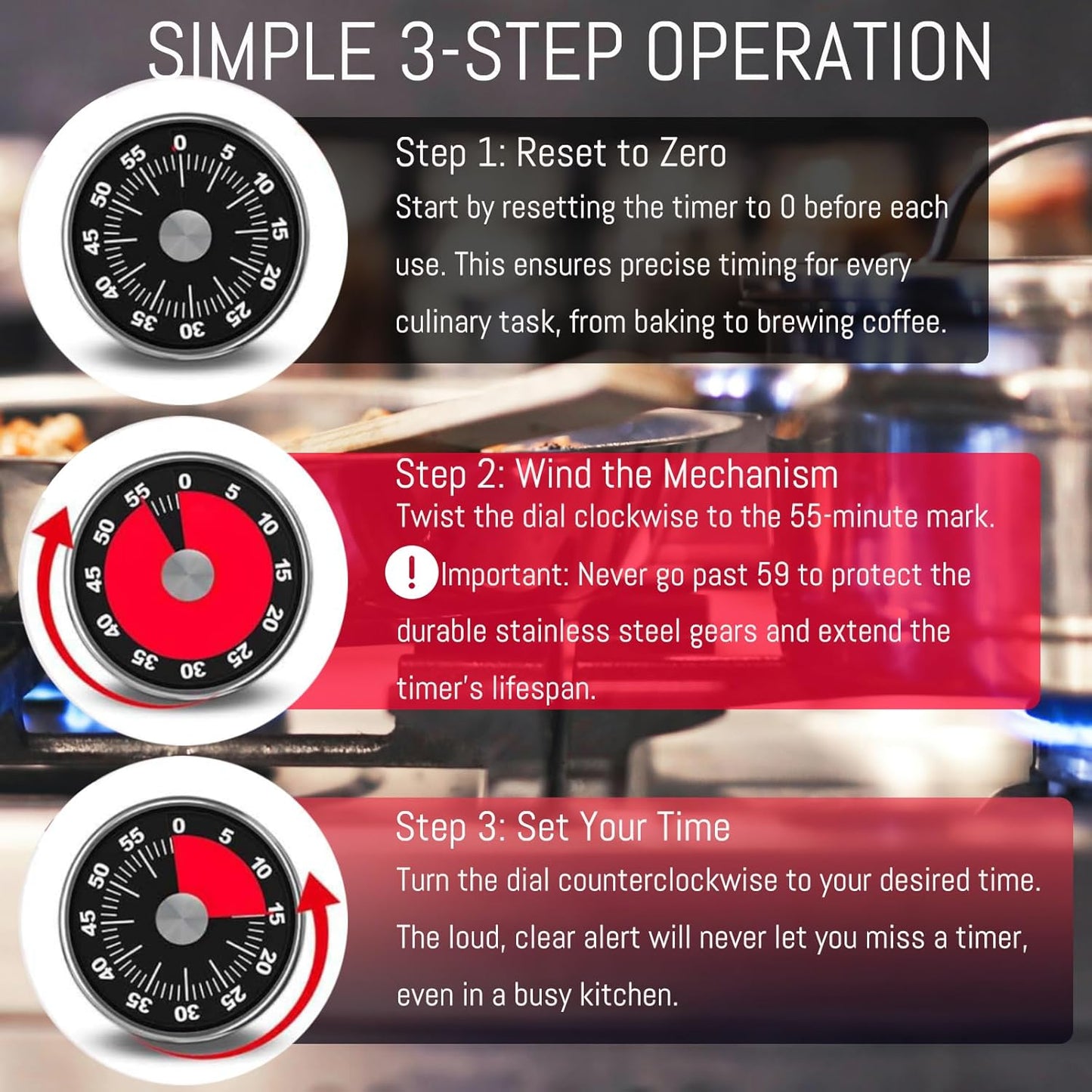 Kitchen Magnetic Visual Cooking Mechanical Timer with Loud Alarm, No Batteries Required, Stainless Steel, Countdown 60 Minute Wind Up Timer for Study, Chef, Teacher, Office (White)