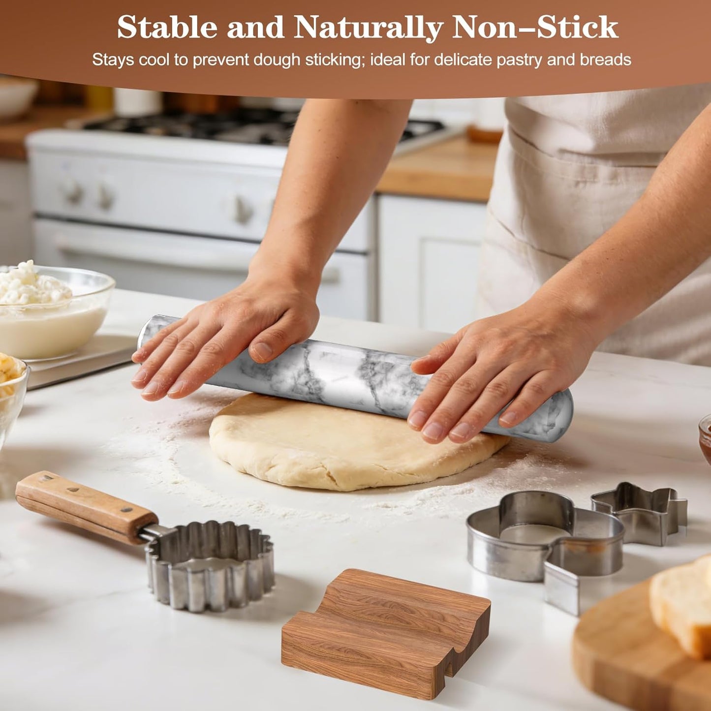 French Rolling Pin for Baking, FiiMan 12 Inch Marble Rolling Pins with Wooden Stand, Heavy Stone French Polished Non-Stick Roller Pins For Baking Cookie Pizza Pastry (Black)