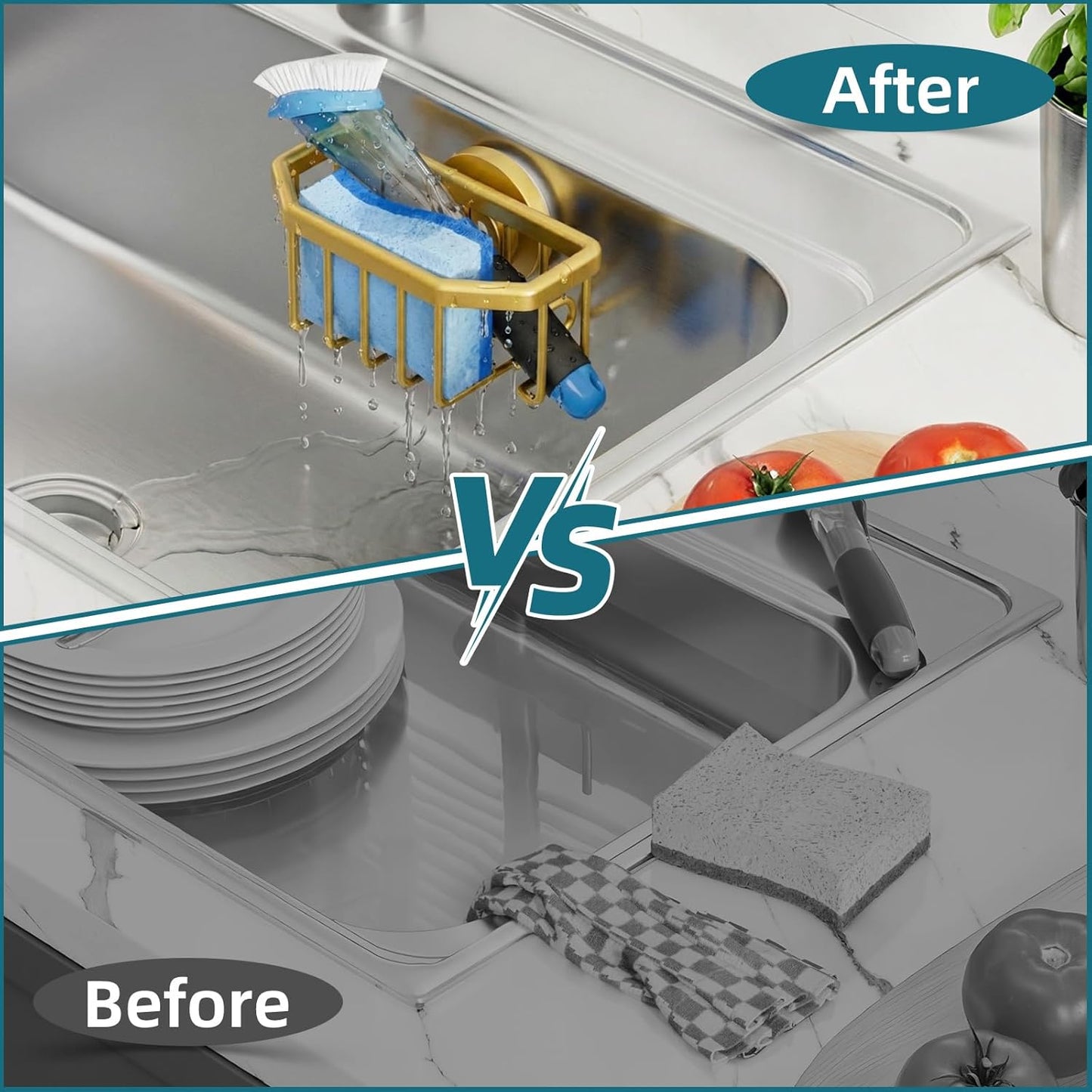 TAILI Sponge Holder for Kitchen Sink with Strong Suction Cup Removable, Rustproof Aluminum Sink Caddy for Sponge, Brush, Scrubber, Scraper -Silver
