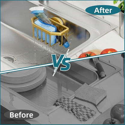 TAILI Sponge Holder for Kitchen Sink with Strong Suction Cup Removable, Rustproof Aluminum Sink Caddy for Sponge, Brush, Scrubber, Scraper -Silver