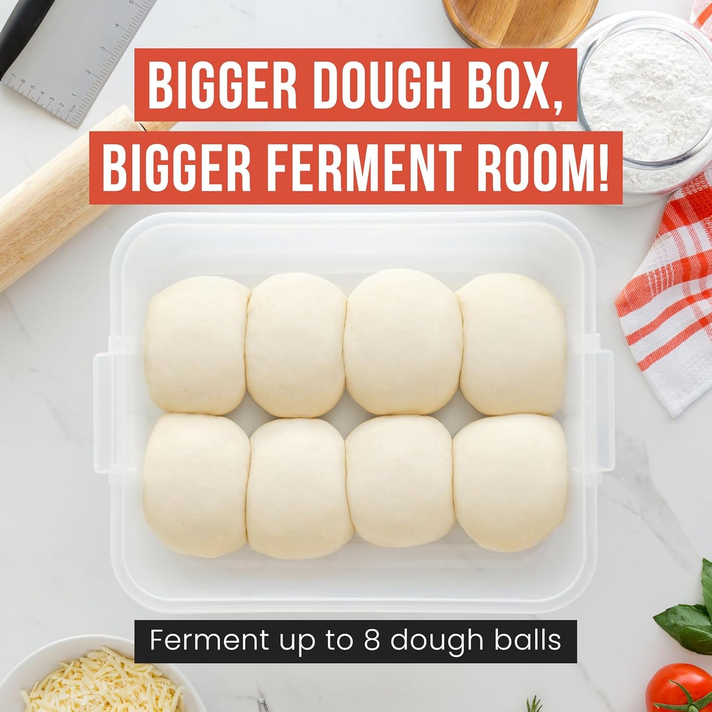 Chef Pomodoro Pizza Dough Proofing Box, 14 x 11-Inch, Preparation Container with Lid, Fits 4-6 Proofing Balls, Household Pizza and Bread Dough Tray With Convenient Carry Handle (Blue)
