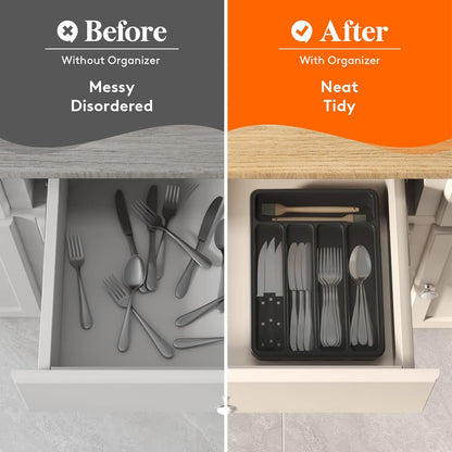 Lifewit Silverware Organizer with Lid, Covered Utensil Tray for Kitchen Drawer and Countertop, Plastic Cutlery and Flatware Storage Box for Spoons Forks Knives Holder Case, 12.6x11.8", Gray