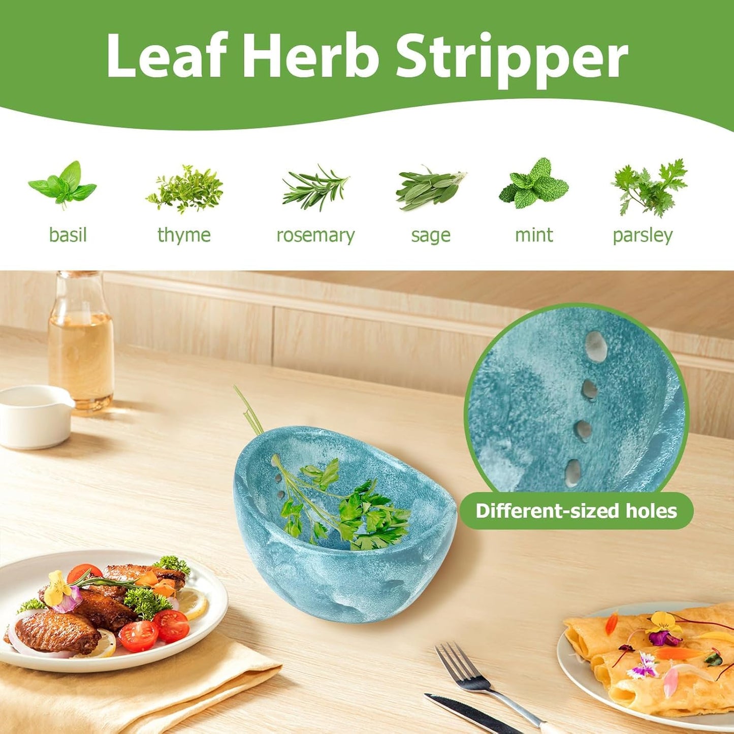 Hamblin Pottery Herb Stripper Bowl, Handmade Resin Herb Stripper Tool with Multiple Hole Sizes, Efficient Leaf Removal for Rosemary Cilantro Parsley (Blue)