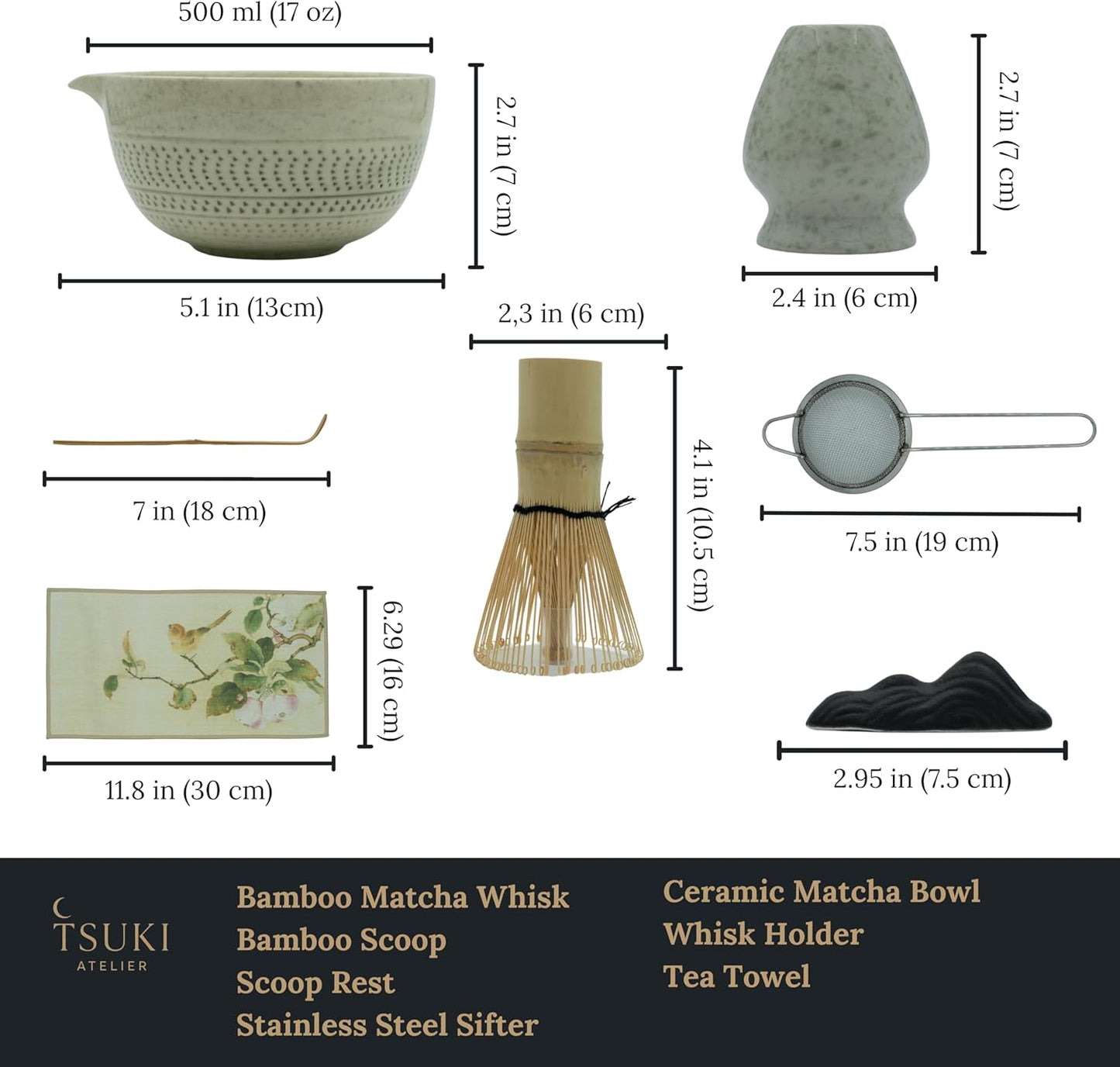 7 Pcs Matcha Whisk Set – Matcha Kit - Ceramic Bowl, Bamboo Whisk & Holder, Scoop, Sifter, Scoop Rest & Tea Towel – Elegant Matcha Kit for Tea Lovers, Home Decor & Zen Spaces (Green)