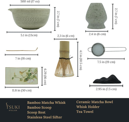 7 Pcs Matcha Whisk Set – Matcha Kit - Ceramic Bowl, Bamboo Whisk & Holder, Scoop, Sifter, Scoop Rest & Tea Towel – Elegant Matcha Kit for Tea Lovers, Home Decor & Zen Spaces (Green)