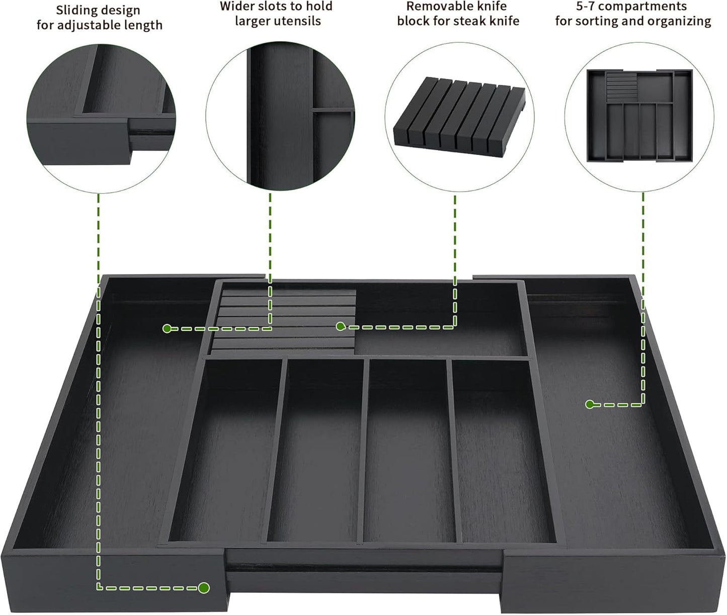 VaeFae Bamboo Silverware Drawer Organizer Kitchen, Expandable Utensil Organizer with Knife Block, Cutlery Tray with Divider, Multifunctional Drawer Organizer (Black)