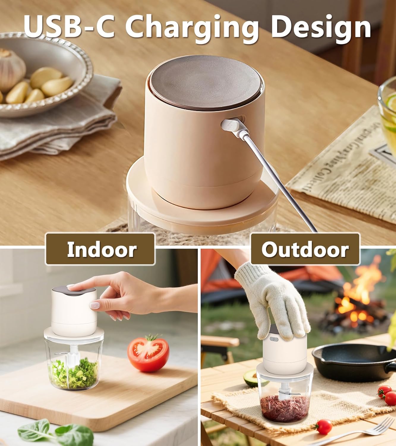 Mini Garlic Chopper, 250ml Small Food Processor Cordless 1 Cup, Battery USB-C Rechargeable Electric Food Chopper Wireless, Portable Garlic Grinder Masher,Veggie Meat Blender Mincer Kitchen Mixer,White
