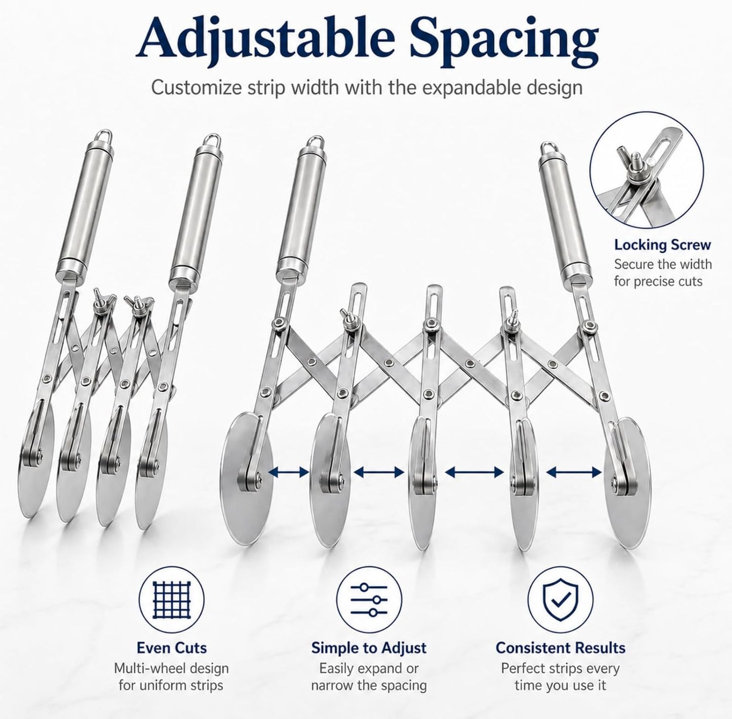 Wheel Adjustable Pasta Cutter with Handle - Stainless Steel Multi-Tool for Baking Pastry, Pizza, Noodles & Pie Crust (3 Roller)